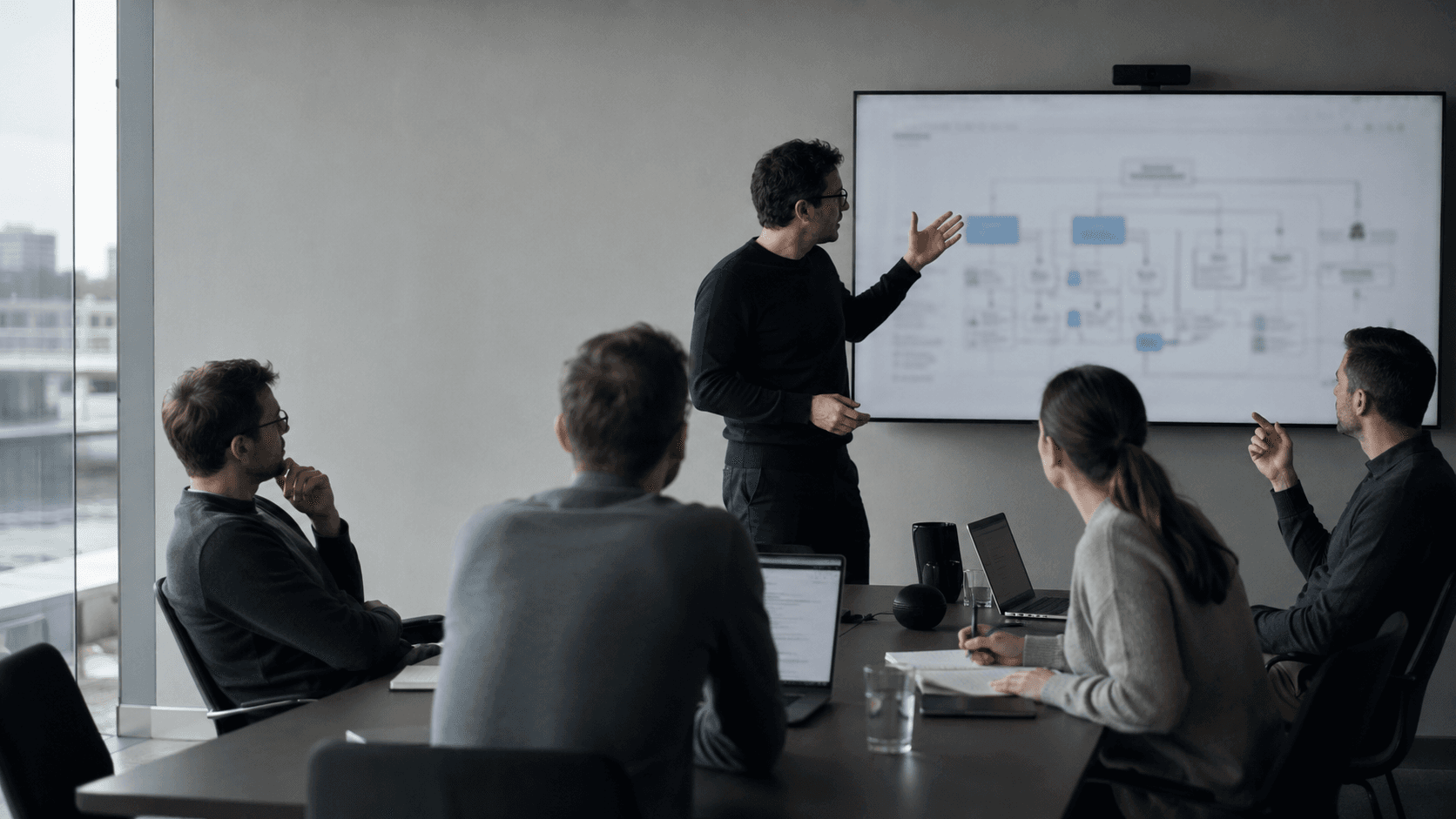 Engineers in a design review, discussing an architecture diagram